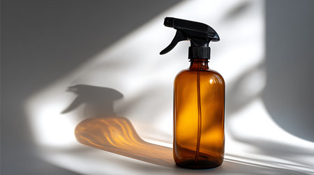 Amber glass spray bottle with a black nozzle is displayed against a white background with soft lighting, creating an intriguing shadow that emphasizes its shape.の素材