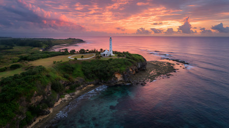 Aerial view of a white lighthouse on a green cliff overlooking the ocean with a vibrant pink and orange sunset sky. Waves gently lap the rocky shore below.の素材