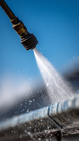 Close-up shot showcases a pressure washer nozzle spraying a powerful stream of water onto a surface, cleaning. The water droplets sparkle against a blue background.の素材