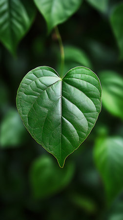 A perfectly heart-shaped green leaf is beautifully captured against a lush, blurred backdrop of similar leaves. The leaf veins are subtly visible. Great botanical resource.の素材
