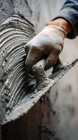 Close-up photograph highlights a hand clad in a dirty work glove expertly spreading wet mortar with a steel trowel, creating grooved textures in the cement.の素材