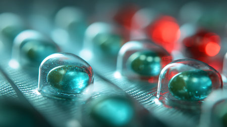 A macro shot showcases a blister pack holding shiny blue and red pills. The pills are encased in clear plastic bubbles, creating an intriguing texture. Pharmaceutical concept illustrated.の素材