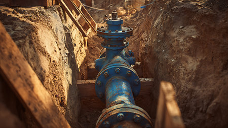 Close shot of a blue water pipeline with bolted flanges and a valve, situated within a dirt trench reinforced with wooden supports, highlighting infrastructure work.の素材