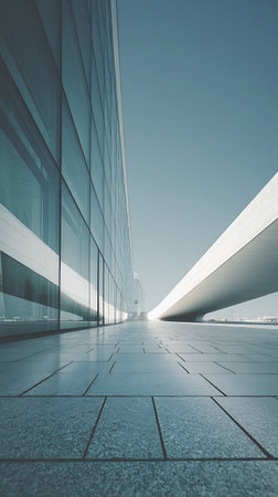 Exterior view showcasing modern architecture with reflective glass building, tiled ground, and elevated curved walkway under a pale blue sky. Sunlight reflecting off surfaces.の素材