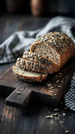 Rustic loaf of sliced sunflower seed bread resting on a dark wooden cutting board. The texture is enhanced by a checkered kitchen towel adding visual interest.の素材