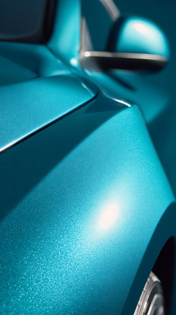 Close-up shot showcases the metallic teal paint finish of a car's body, highlighting its curves, side mirror, and light reflection for an appealing visual.の素材