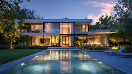 A stunning two-story modern home is illuminated from within, reflecting in the pristine pool at dusk. Lounge chairs line the pool deck amidst landscaped foliage.の素材