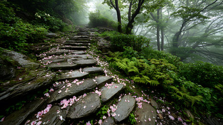 An ethereal stone path climbs through a misty forest, scattered with delicate pink flower petals. Lush greenery surrounds the path creating a tranquil and enchanting scene.の素材