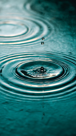 Captivating close-up shows water droplets creating ripples on a teal water surface, with distinct concentric circles and visible drops in suspended motion above.の素材
