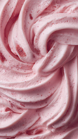 Close-up shows a delightful swirl of strawberry ice cream, featuring a smooth texture with bits of real fruit visible throughout, creating a visually appealing dessert.の素材