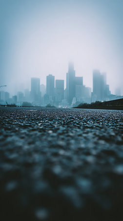 Atmospheric perspective from ground level captures a modern city skyline blurred by heavy fog. Focus remains on the rough pavement surface in the foreground.の素材