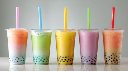 Five assorted bubble tea drinks sit in clear plastic cups. They feature colorful layers and straws, on a white surface, against a light gray backdrop.の素材