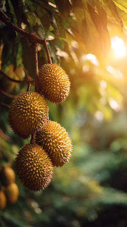 Close-up showcases spiky durian fruits clustered on a tree branch, bathed in sunlight, with lush foliage in the blurred background. The texture and light create depth.の素材