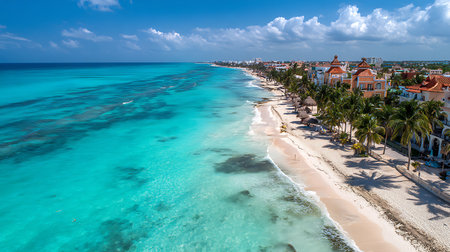 Captivating aerial view showcases a tropical coastline with vibrant turquoise water meeting a white sand beach lined with palm trees and resort buildings under a sunny, partly cloudy sky.の素材