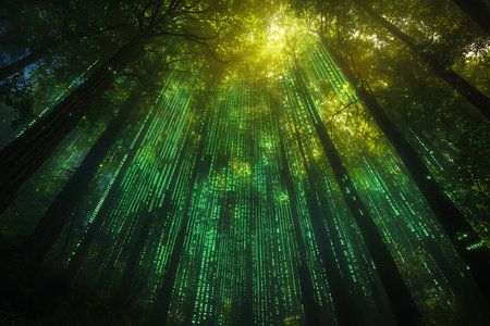 The image showcases a forest bathed in sunlight, with digital code cascading from the canopy. Green hued data streams down between the tall trees creating a surreal, luminous atmosphere.の素材
