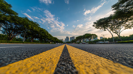 Low angle perspective showcasing a city street, featuring asphalt road with vibrant yellow lines stretching toward distant buildings and sky. Bordered by green trees under a blue sky.の素材