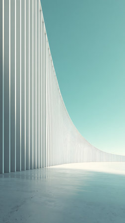 Angular view of a white, minimalist wall composed of vertical lines against a light blue sky. Reflective light catches the concrete floor, enhancing the geometric feel.の素材