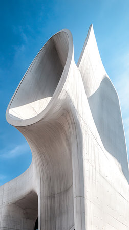 This photo showcases a modern architectural marvel, featuring curved shapes and stark white concrete under a clear, bright blue sky. The unique design creates a striking visual composition.の素材
