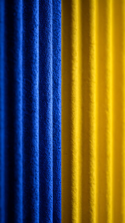 Close-up shot displaying blue and yellow corrugated material, featuring a textured, vertical pattern. Contrasting colors create a visually striking, abstract composition, illuminated by soft light.の素材