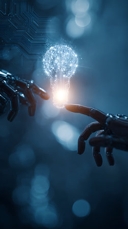 Two robotic hands almost touch a lightbulb shaped like a circuit board with bright glowing light, creating an idea or artificial intelligence concept in a dark blue setting.の素材