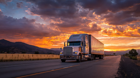 Semi-truck driving on a highway during a vivid sunset with fiery orange and purple clouds. The truck is traveling towards the camera on a rural road at dusk.の素材