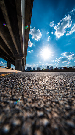 Low-angle perspective under a bridge, showcasing asphalt texture, a cityscape skyline, and the sun shining through a partly cloudy sky. Captured during daytime with vibrant colors.の素材
