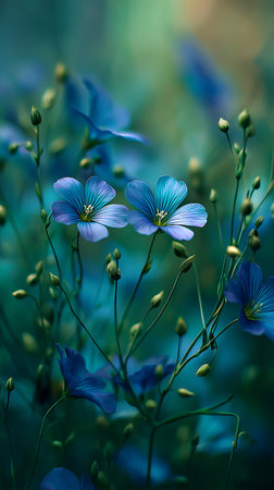 Close-up showcases light blue flax flowers in bloom alongside unopened buds in a field. Soft, muted color palette creates a serene and naturalistic botanical scene.の素材