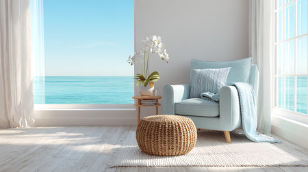 Bright beach view living room featuring an aqua armchair with a striped pillow and throw blanket, a woven ottoman, a small table, and a white orchid.の素材