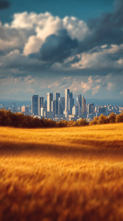 A picturesque view of a modern city skyline, composed of skyscrapers, seen behind a field of golden wheat under cloudy blue skies on a sunny day.の素材