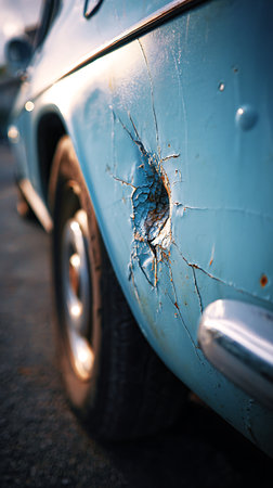 A close-up of the damaged and cracked quarter panel of a light blue vintage car. The paint is chipping, revealing rust underneath, with chrome bumper detail and blurred tire.の素材