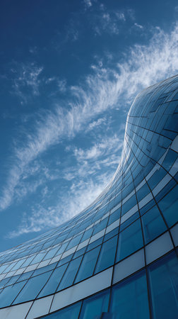 Low angle view of a wavy glass building facade against a bright blue sky with wispy clouds. The buildingâs mirrored glass shows reflections from the surrounding area.の素材