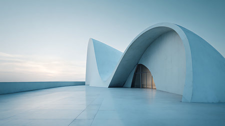Minimalist architectural design showcases a curved, white building under a pale blue sky. Features include a spacious white-tiled outdoor terrace and glass-fronted entrance.の素材