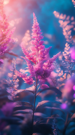 This image highlights the captivating beauty of purple astilbe flowers, focusing on the delicate details of their feathery plumes and contrasting textures against soft lighting.の素材
