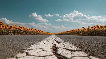 Low angle captures a cracked road stretching through endless sunflower fields under a bright blue sky dotted with fluffy white clouds. Rural landscape view.の素材