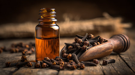Detailed, rustic studio shot showcasing clove essential oil in a glass bottle, cloves overflowing from a wooden scoop on a aged wooden surface, warm and inviting.の素材