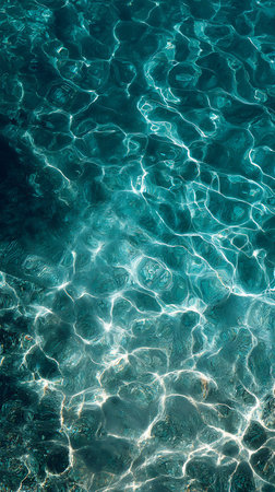 Sunlight dances across turquoise ocean water, creating abstract patterns. Ripples and light refractions form a mesmerizing and serene aquatic scene, with deep and bright tones.の素材