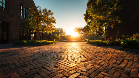 Captivating view of the sun rising between buildings, its light reflecting off a brick path. Trees line the walkway, casting long shadows and adding warmth to the scene.の素材