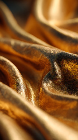 A macro view shows the texture of luxurious golden fabric with many folds. The light reflects and refracts across the folds, creating an attractive abstract pattern.の素材