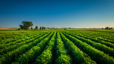 Vast peanut agricultural field under a clear blue sky. Rows of vibrant green crops stretch towards the horizon, interspersed with trees and land. A rural landscape showing agriculture.の素材