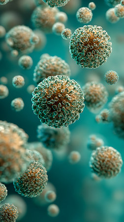 A close-up rendering shows many spherical viruses with spiky protrusions floating in a teal-colored liquid. The focus is sharp on the central viruses, with others blurred.の素材