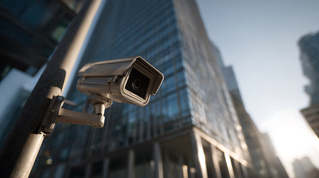 Low-angle shot focusing on a modern security camera mounted on a pole, with a large, reflective office building visible in the background under a sunny sky.の素材