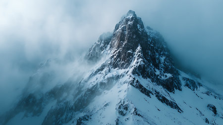 Majestic mountain peak covered in snow, partially hidden by thick, swirling clouds. The rugged, rocky terrain adds to the dramatic and ethereal atmosphere of the landscape.の素材