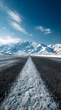 Captured from a low angle, a clear road stretches towards snow-covered mountains under a vibrant blue sky with scattered clouds. The asphalt contrasts sharply with the snow.の素材