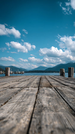 Captured is the perspective view from a wooden dock pier on a lake, featuring distant mountains, a clear blue sky with clouds, and the tranquil water.の素材