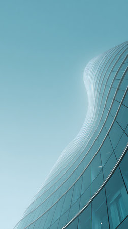 Architectural detail highlighting the curved glass facade of a modern building against a soft blue sky, showcasing reflections and minimalist design. Architectural view.の素材