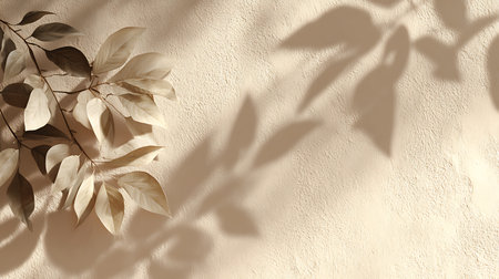 Artificial beige leaves positioned against a textured beige wall, casting abstract leaf shadows on the right side. Interior design featuring neutral tones, creating a calm atmosphere.の素材