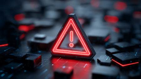 Macro shot showcasing a glowing red exclamation point sign on a reflective circuit board with other dark, geometric components. The red light reflects, creating an alarming digital hazard symbol.の素材