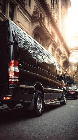 Low-angle shot focusing on the back and side of a sleek black van parked along a street with a beige ornate building facade in the background, bathed in golden sunlight.の素材