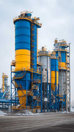 Wide angle photograph of an industrial plant with blue and yellow containers connected by metal staircases on a wintery day under an overcast sky.の素材