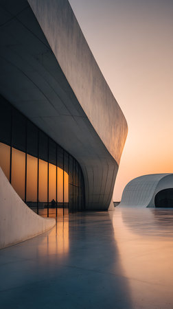 Striking image displaying modern architecture featuring flowing lines and glass windows reflecting a vibrant sunset. The sleek, white building is reflected on the glossy surface.の素材
